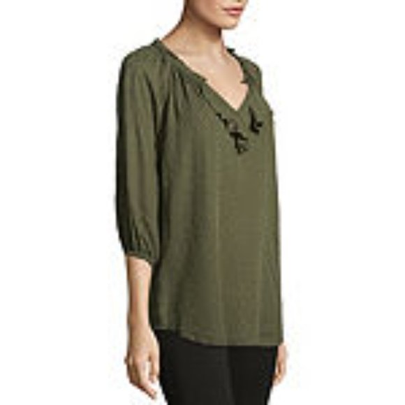 a.n.a Women's Ruffle Front Pirate Blouse Medium Rich Avocado - Picture 2 of 15